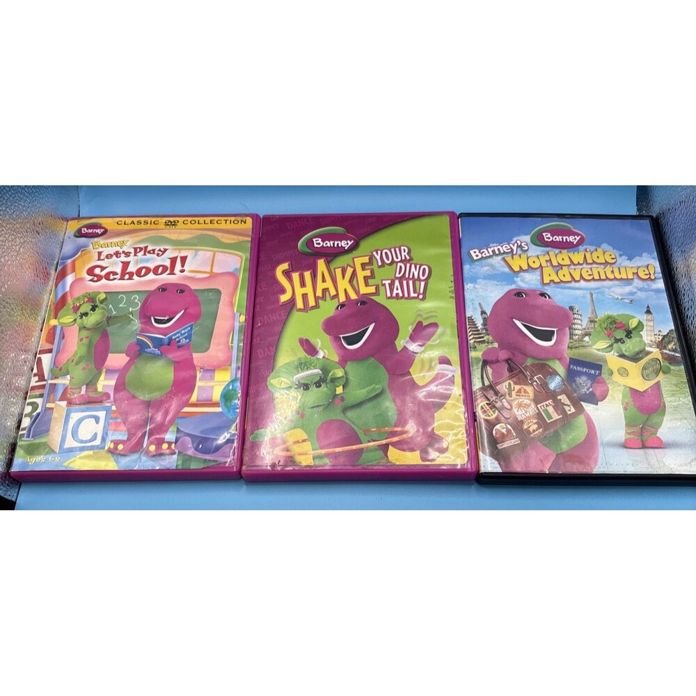 Barney DVD Lot Let's Play School, Shake your Dino Tail, Worldwide Adventure!